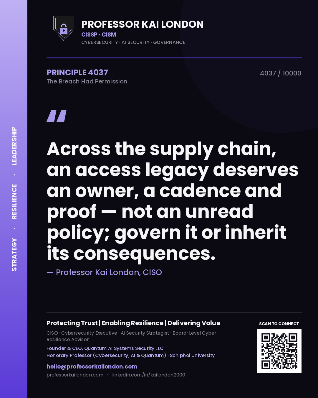 Quote card by Professor Kai London reading 'Across the supply chain, an access legacy deserves an owner, a cadence and proof — not an unread policy; govern it or inherit its consequences.'. From the book The Breach Had Permission.