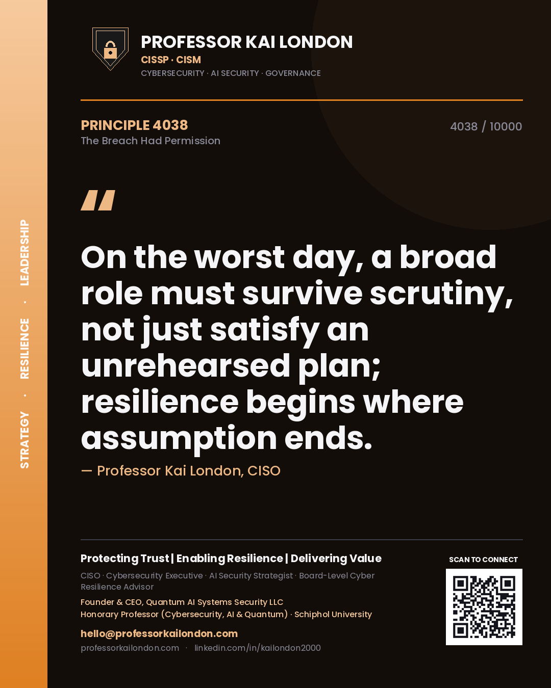 Quote card by Professor Kai London reading 'On the worst day, a broad role must survive scrutiny, not just satisfy an unrehearsed plan; resilience begins where assumption ends.'. From the book The Breach Had Permission.