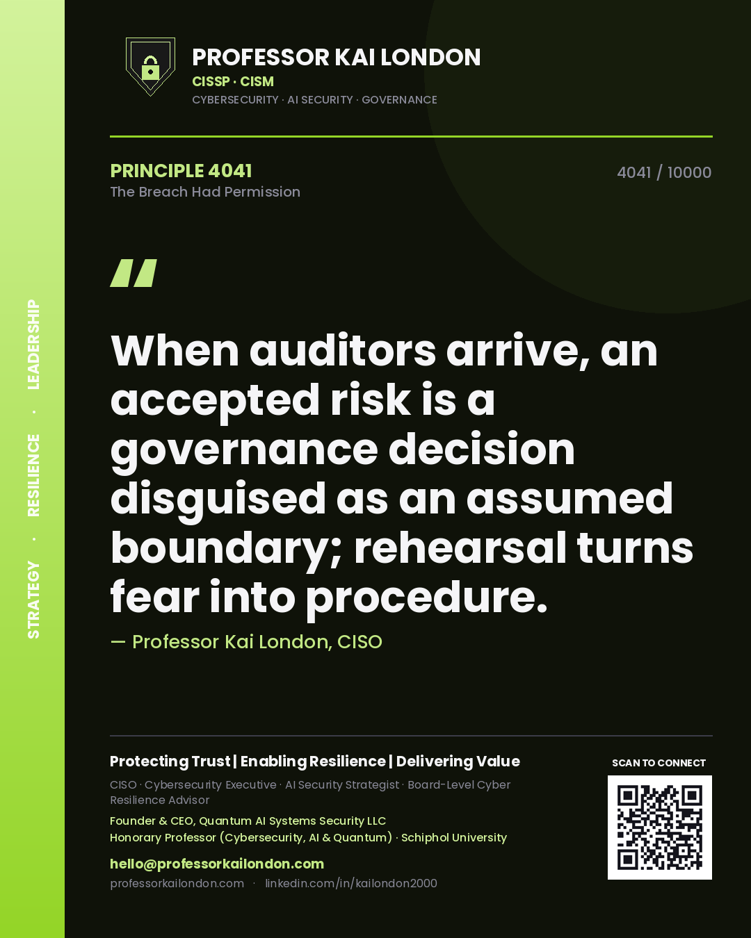Professor Kai London principle 4041: When auditors arrive, an accepted risk is a governance decision disguised as an assumed boundary; rehearsal turns fear into procedure.