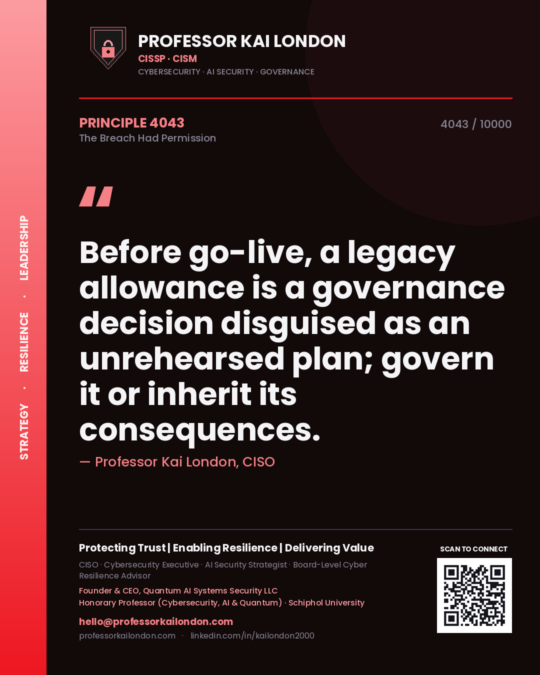 Quote card by Professor Kai London reading 'Before go-live, a legacy allowance is a governance decision disguised as an unrehearsed plan; govern it or inherit its consequences.'. From the book The Breach Had Permission.