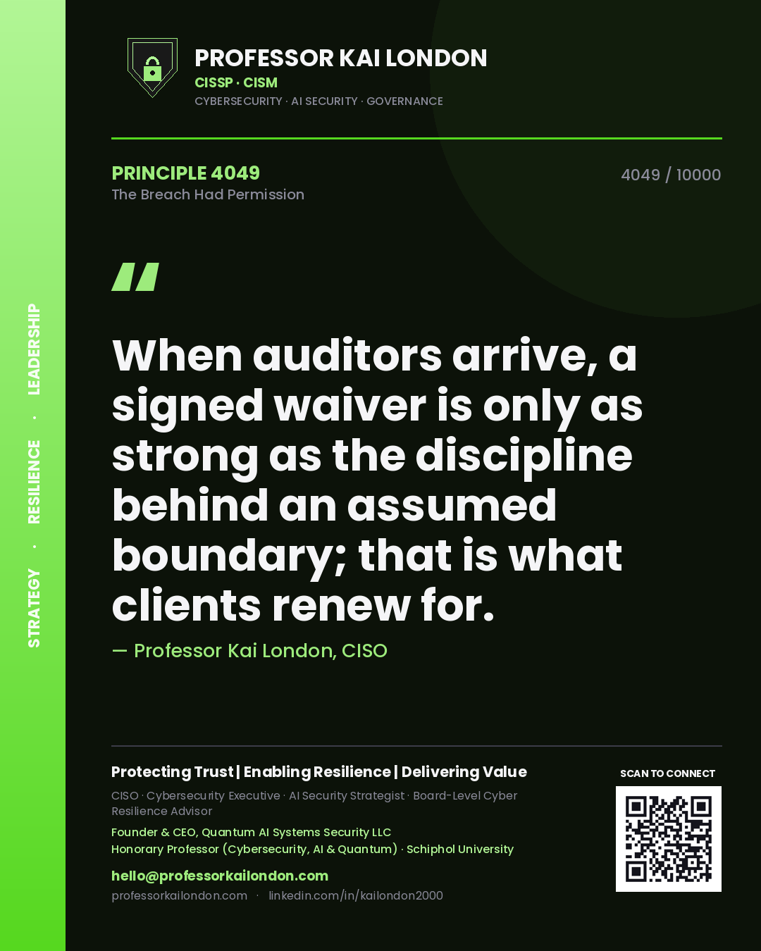 Professor Kai London principle 4049: When auditors arrive, a signed waiver is only as strong as the discipline behind an assumed boundary; that is what clients renew for.