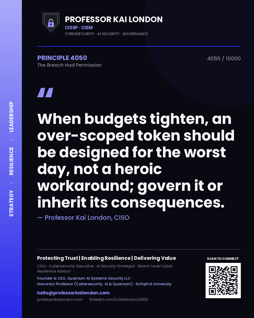 Professor Kai London principle 4050: When budgets tighten, an over-scoped token should be designed for the worst day, not a heroic workaround; govern it or inherit its consequences.