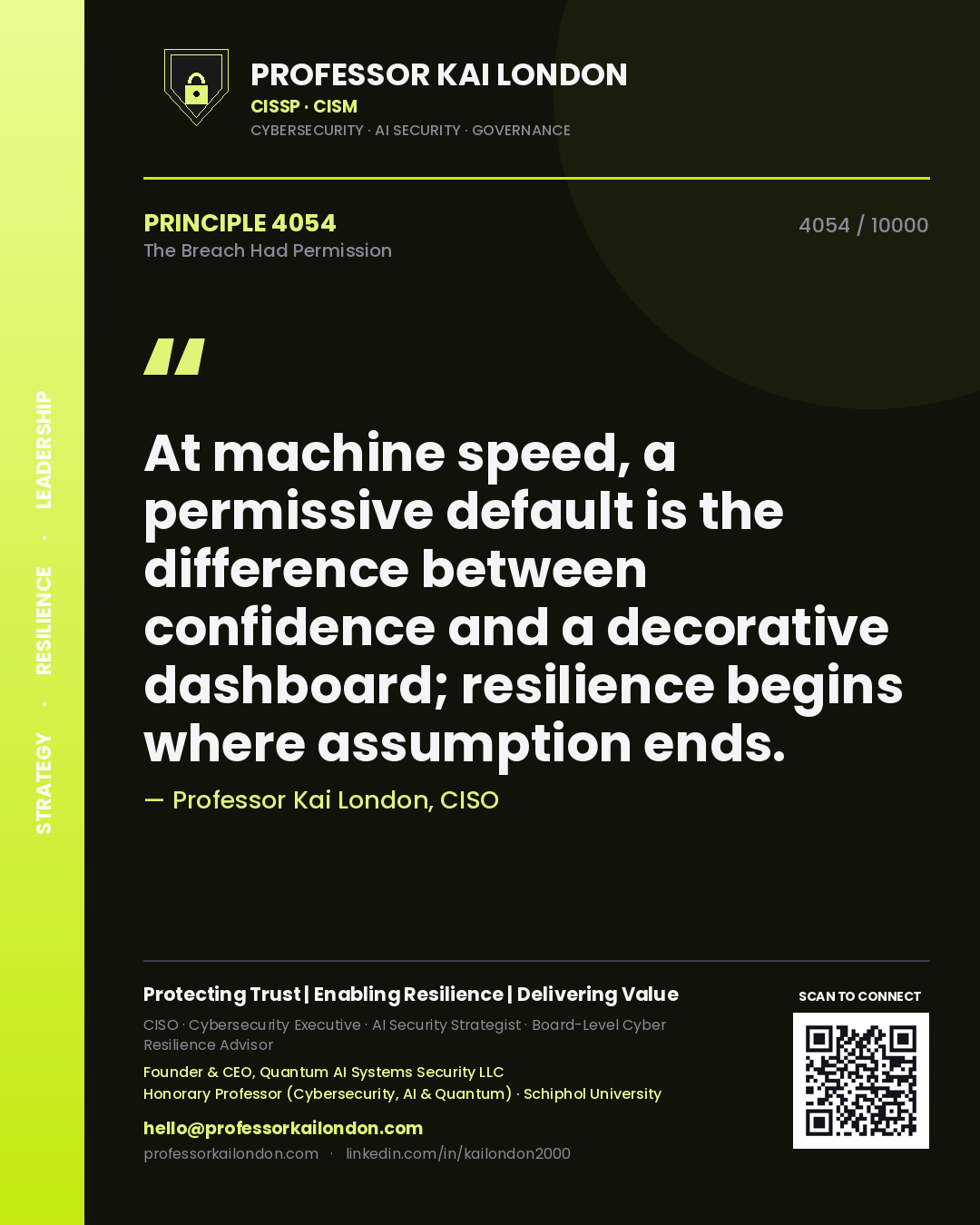 Quote card by Professor Kai London reading 'At machine speed, a permissive default is the difference between confidence and a decorative dashboard; resilience begins where assumption ends.'. From the book The Breach Had Permission.