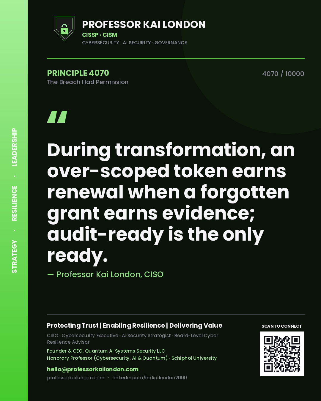 Quote card by Professor Kai London reading 'During transformation, an over-scoped token earns renewal when a forgotten grant earns evidence; audit-ready is the only ready.'. From the book The Breach Had Permission.