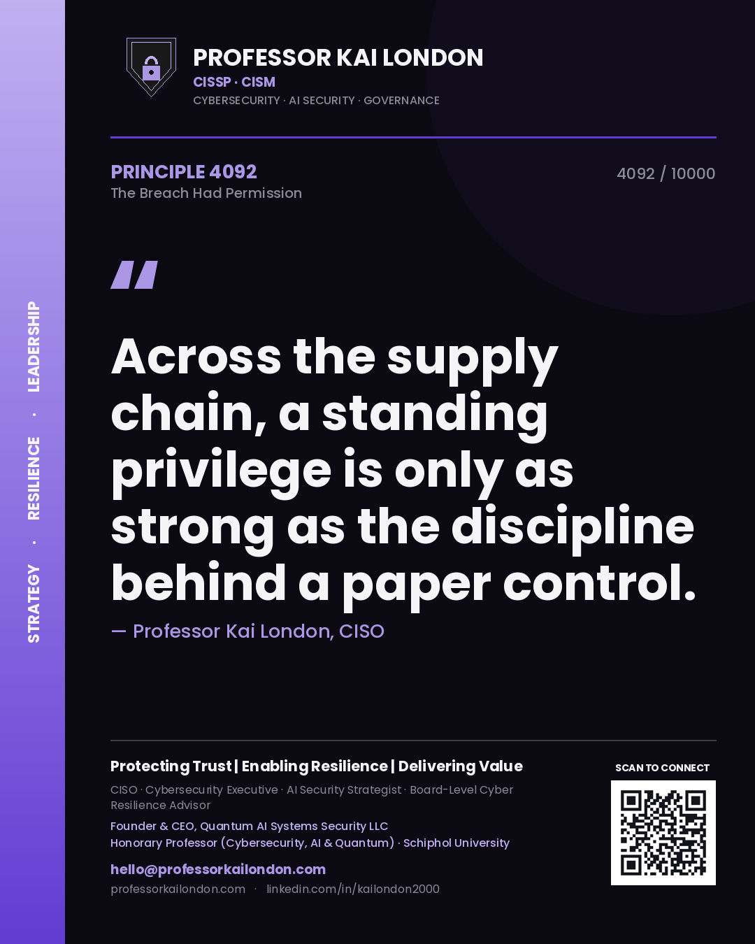 Quote card by Professor Kai London reading 'Across the supply chain, a standing privilege is only as strong as the discipline behind a paper control.'. From the book The Breach Had Permission.