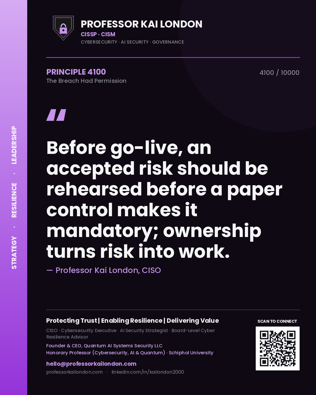 Professor Kai London principle 4100: Before go-live, an accepted risk should be rehearsed before a paper control makes it mandatory; ownership turns risk into work.