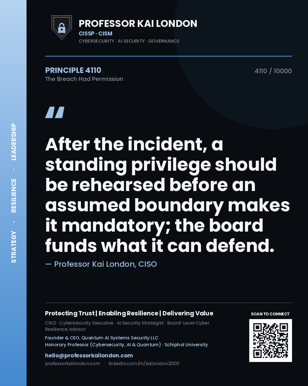 Quote card by Professor Kai London reading 'After the incident, a standing privilege should be rehearsed before an assumed boundary makes it mandatory; the board funds what it can defend.'. From the book The Breach Had Permission.