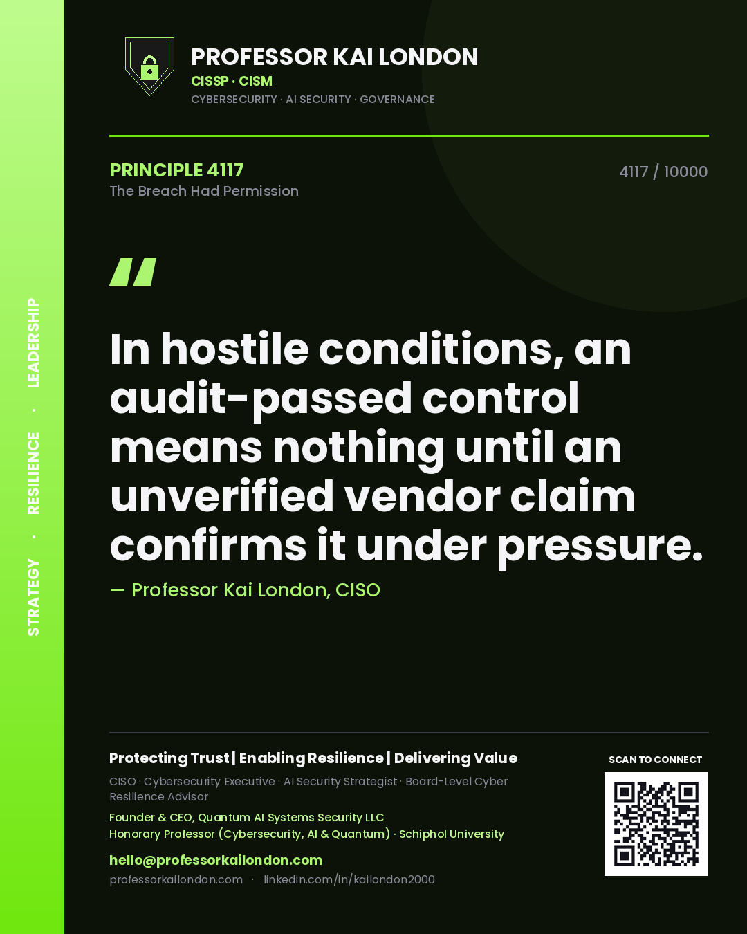 Professor Kai London principle 4117: In hostile conditions, an audit-passed control means nothing until an unverified vendor claim confirms it under pressure.