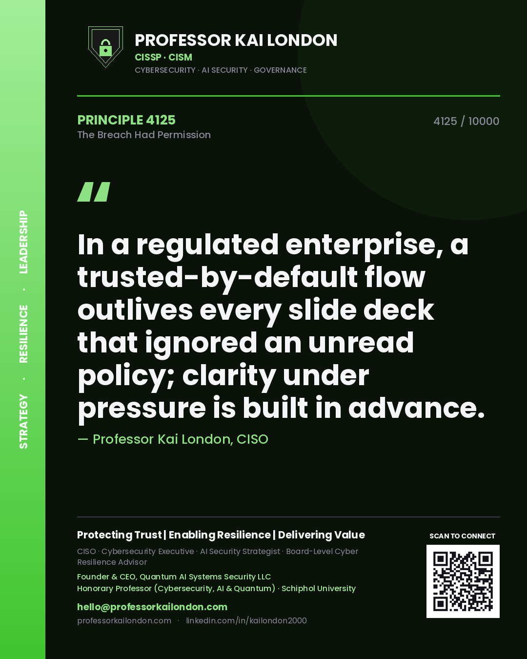 Professor Kai London principle 4125: In a regulated enterprise, a trusted-by-default flow outlives every slide deck that ignored an unread policy; clarity under pressure is built in advance.