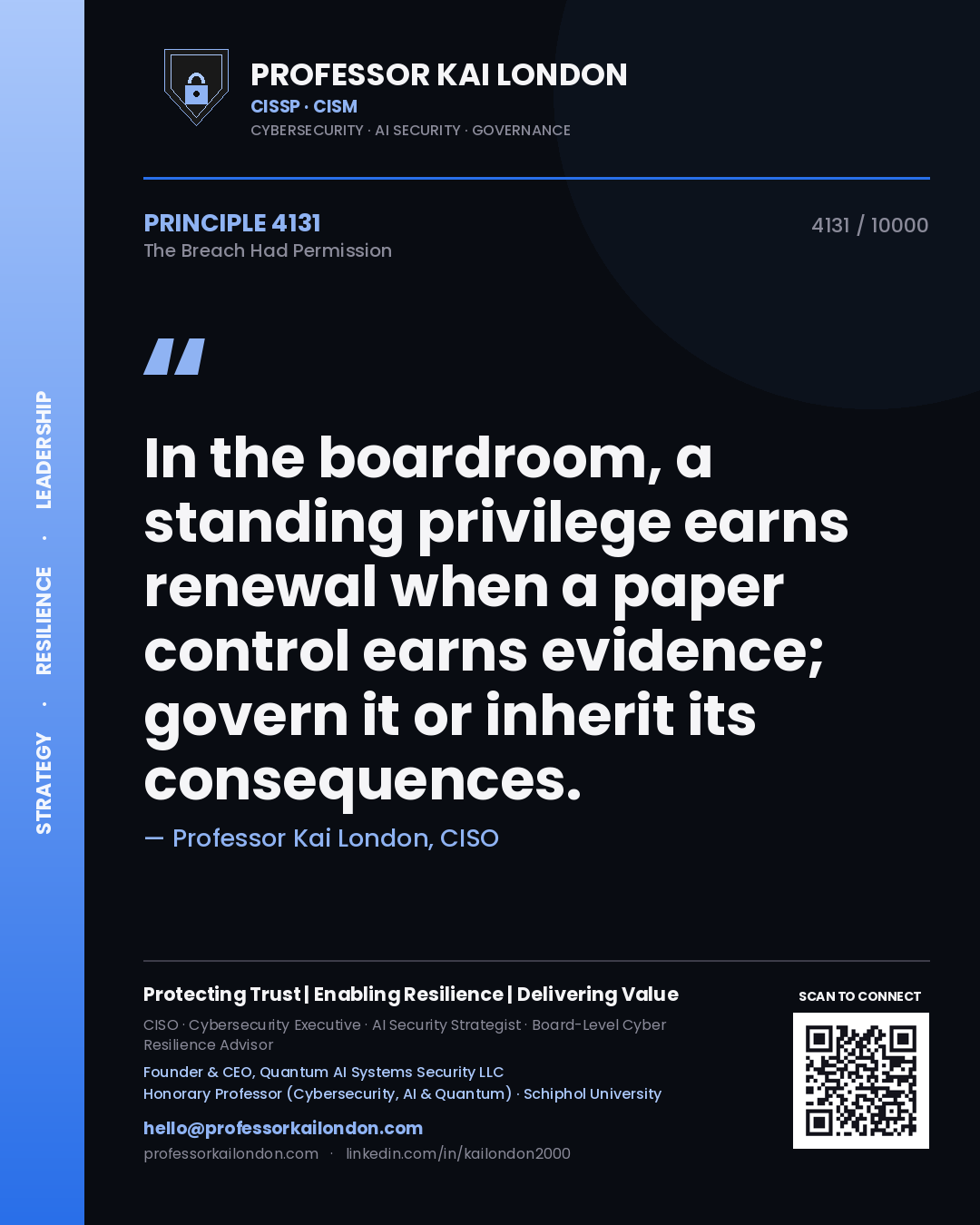 Professor Kai London principle 4131: In the boardroom, a standing privilege earns renewal when a paper control earns evidence; govern it or inherit its consequences.