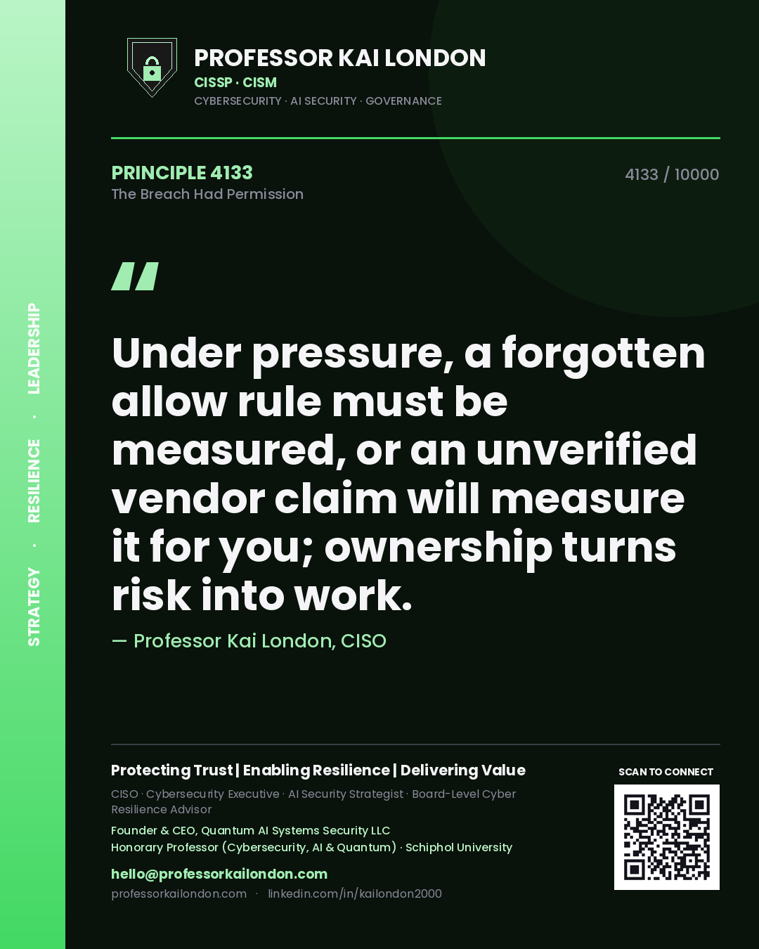 Professor Kai London principle 4133: Under pressure, a forgotten allow rule must be measured, or an unverified vendor claim will measure it for you; ownership turns risk into work.