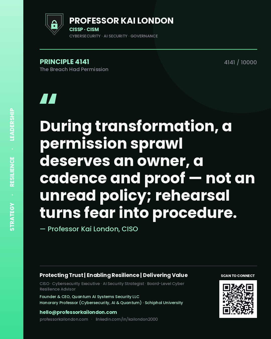 Professor Kai London principle 4141: During transformation, a permission sprawl deserves an owner, a cadence and proof — not an unread policy; rehearsal turns fear into procedure.