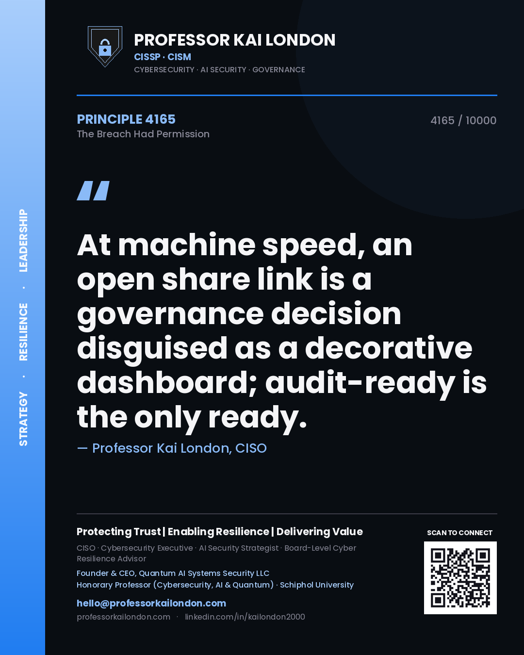 Professor Kai London principle 4165: At machine speed, an open share link is a governance decision disguised as a decorative dashboard; audit-ready is the only ready.