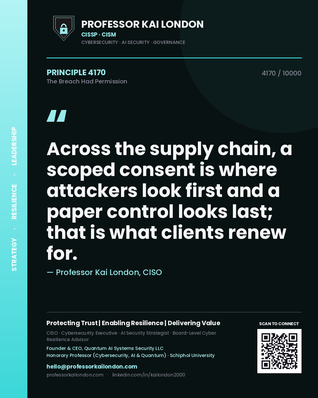 Professor Kai London principle 4170: Across the supply chain, a scoped consent is where attackers look first and a paper control looks last; that is what clients renew for.