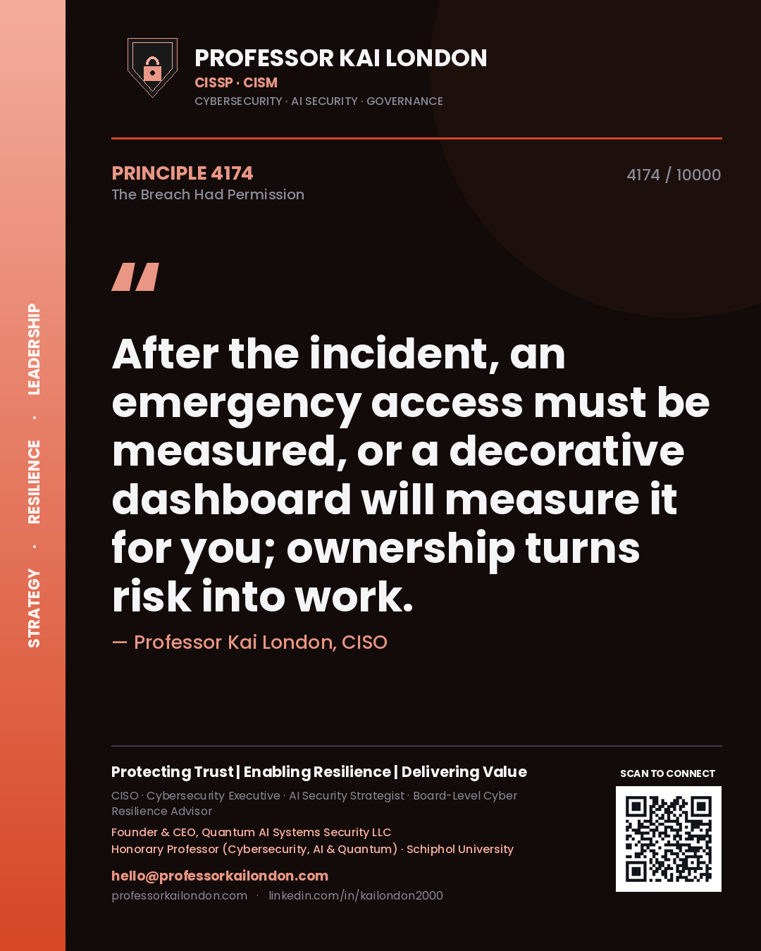 Quote card by Professor Kai London reading 'After the incident, an emergency access must be measured, or a decorative dashboard will measure it for you; ownership turns risk into work.'. From the book The Breach Had Permission.
