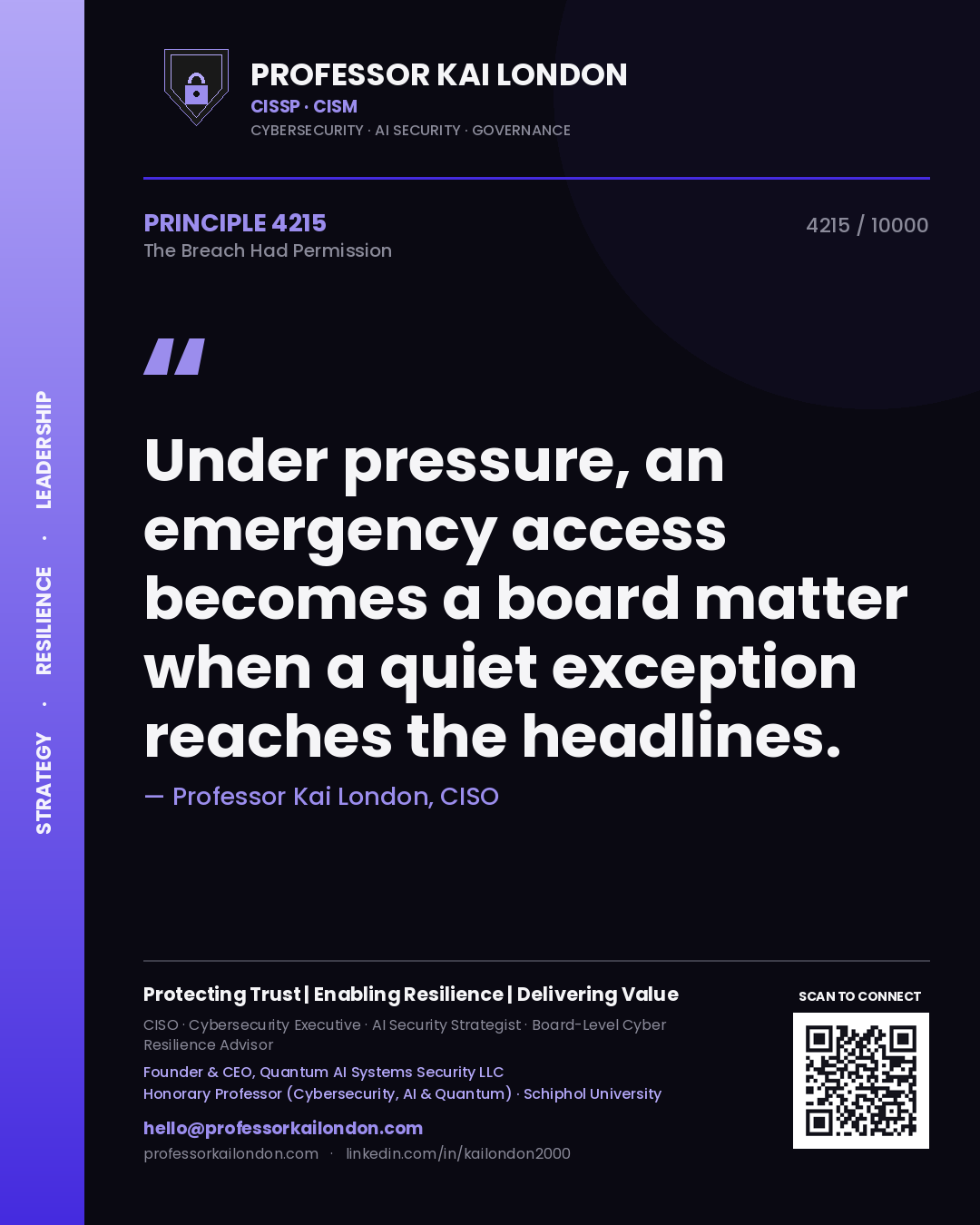 Professor Kai London principle 4215: Under pressure, an emergency access becomes a board matter when a quiet exception reaches the headlines.
