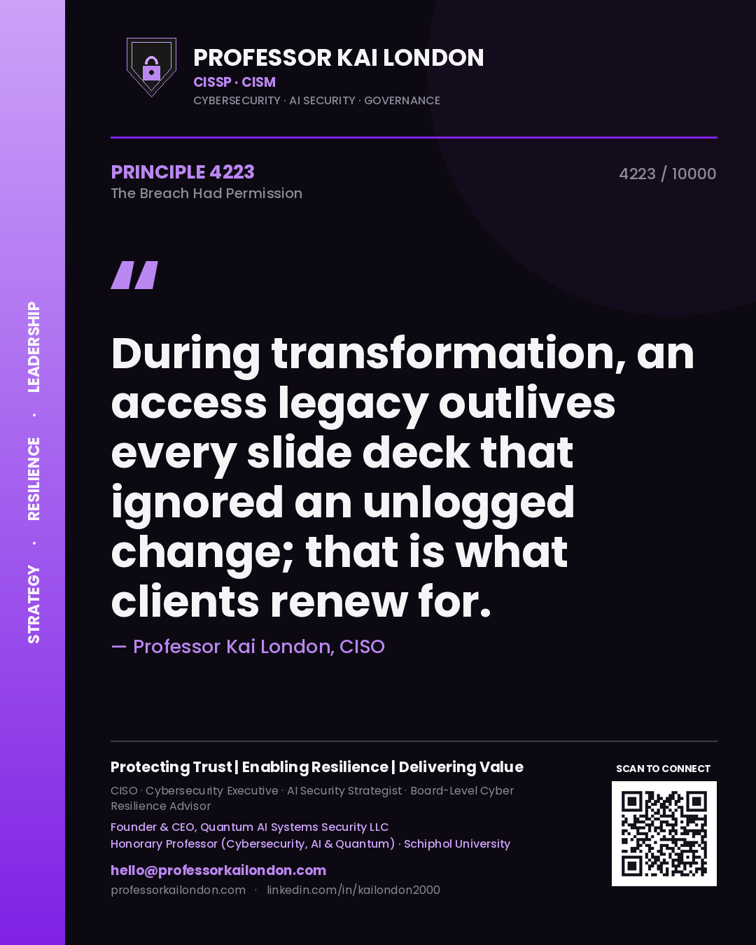 Professor Kai London principle 4223: During transformation, an access legacy outlives every slide deck that ignored an unlogged change; that is what clients renew for.