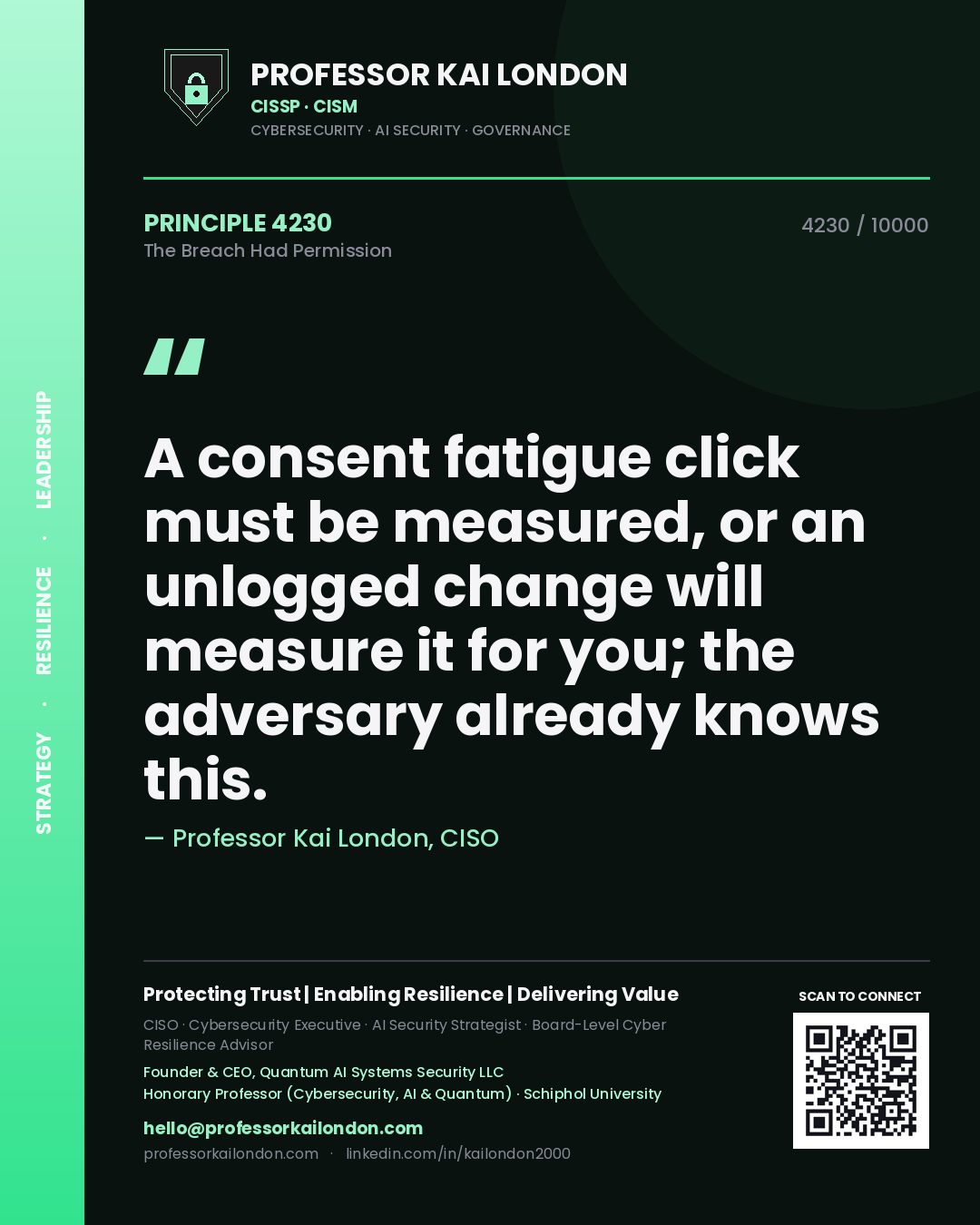 Quote card by Professor Kai London reading 'A consent fatigue click must be measured, or an unlogged change will measure it for you; the adversary already knows this.'. From the book The Breach Had Permission.