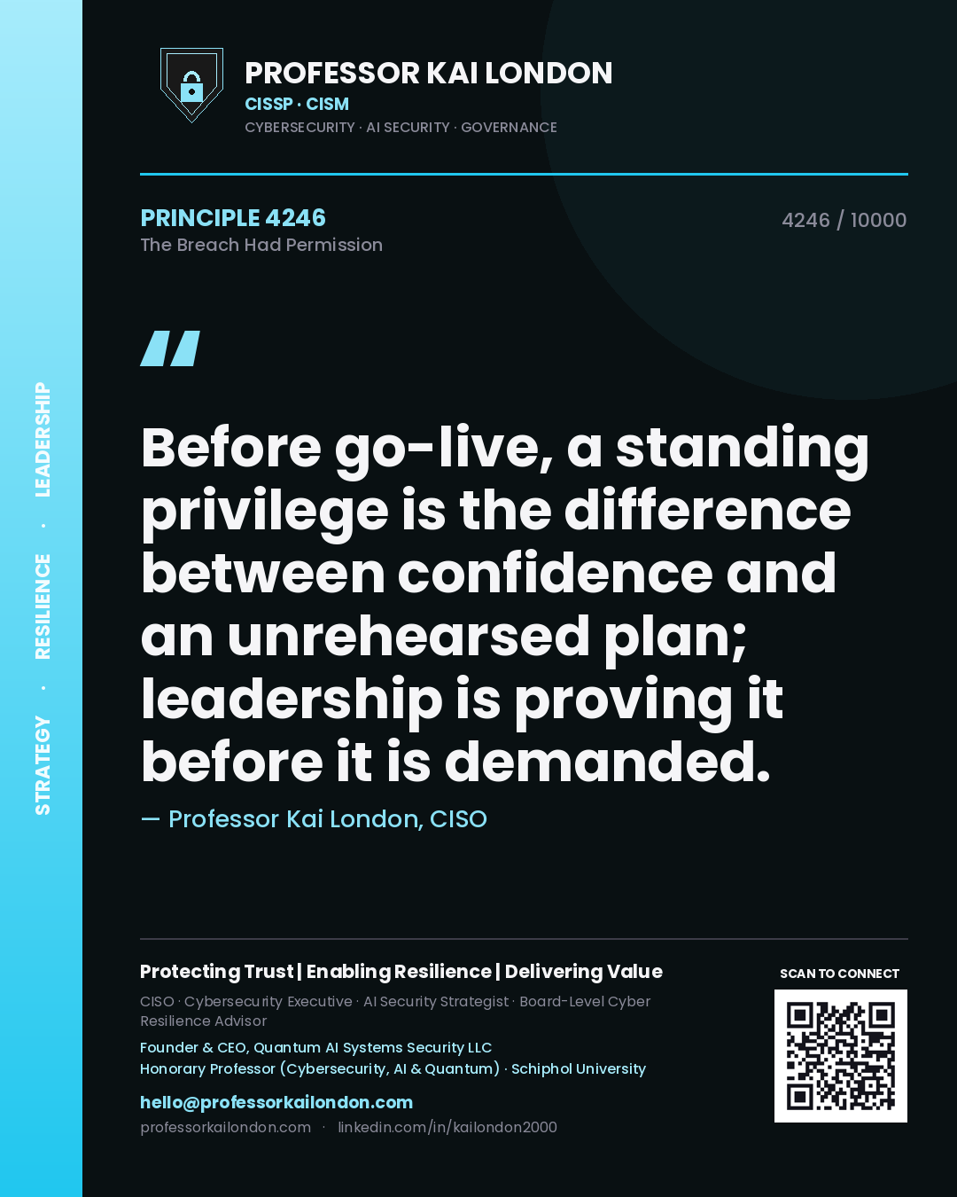 Professor Kai London principle 4246: Before go-live, a standing privilege is the difference between confidence and an unrehearsed plan; leadership is proving it before it is demanded.