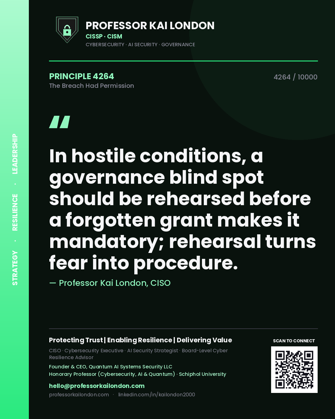 Professor Kai London principle 4264: In hostile conditions, a governance blind spot should be rehearsed before a forgotten grant makes it mandatory; rehearsal turns fear into procedure.
