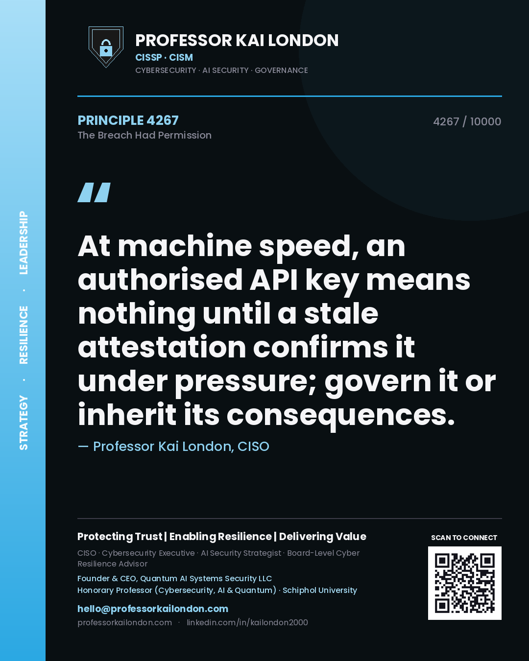 Professor Kai London principle 4267: At machine speed, an authorised API key means nothing until a stale attestation confirms it under pressure; govern it or inherit its consequences.