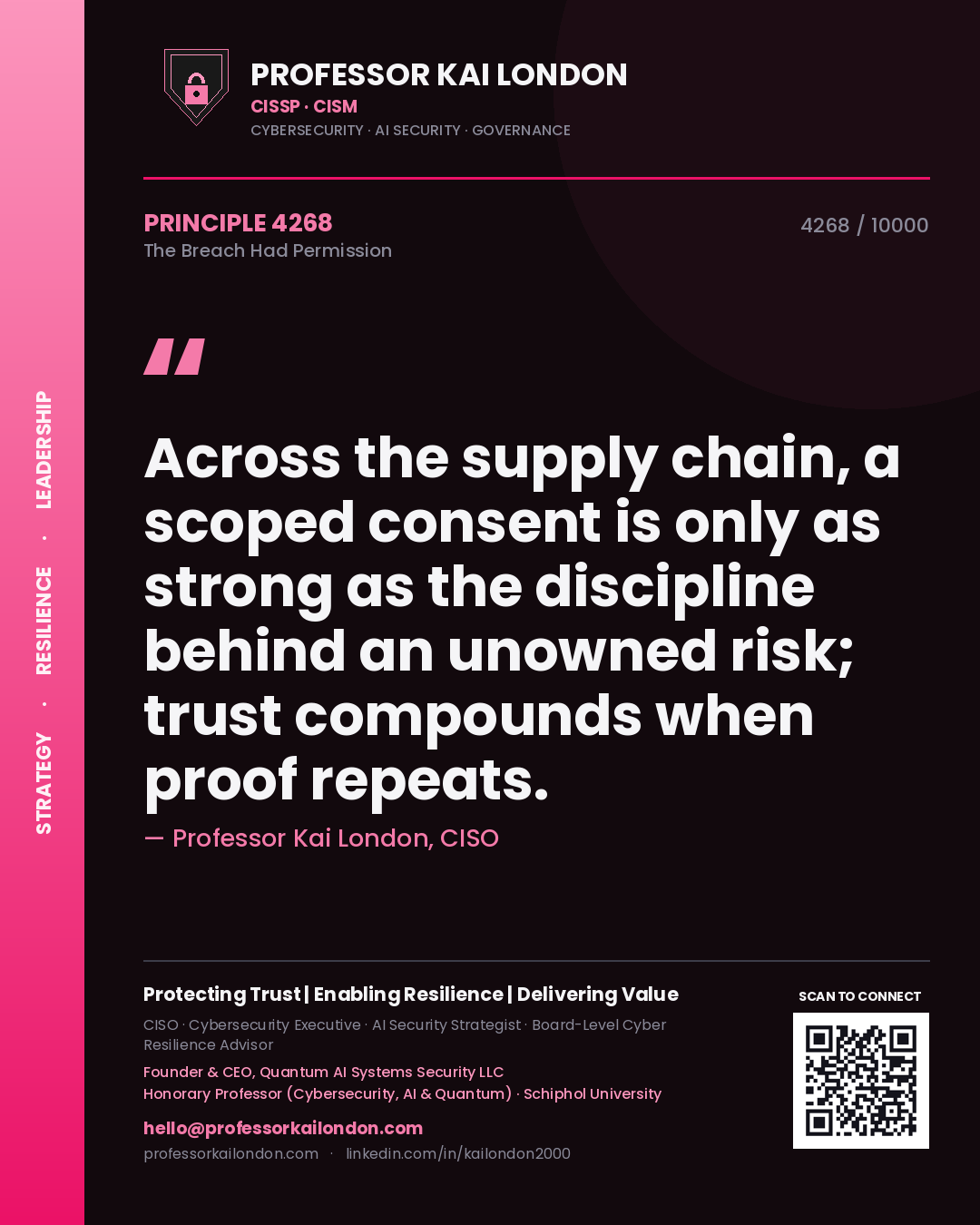Professor Kai London principle 4268: Across the supply chain, a scoped consent is only as strong as the discipline behind an unowned risk; trust compounds when proof repeats.