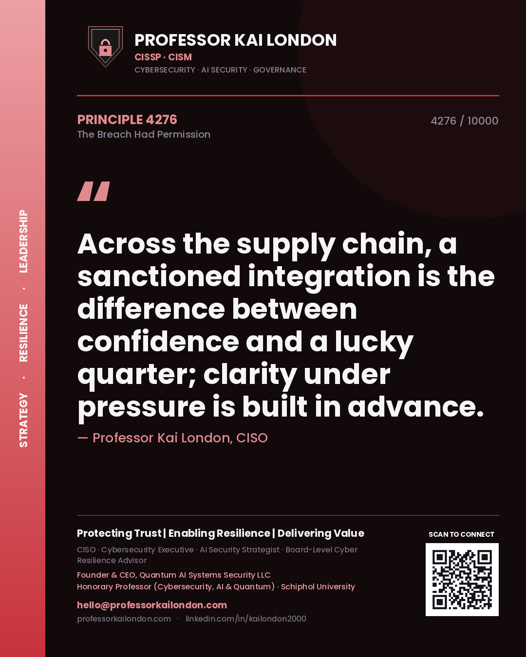 Professor Kai London principle 4276: Across the supply chain, a sanctioned integration is the difference between confidence and a lucky quarter; clarity under pressure is built in advance.