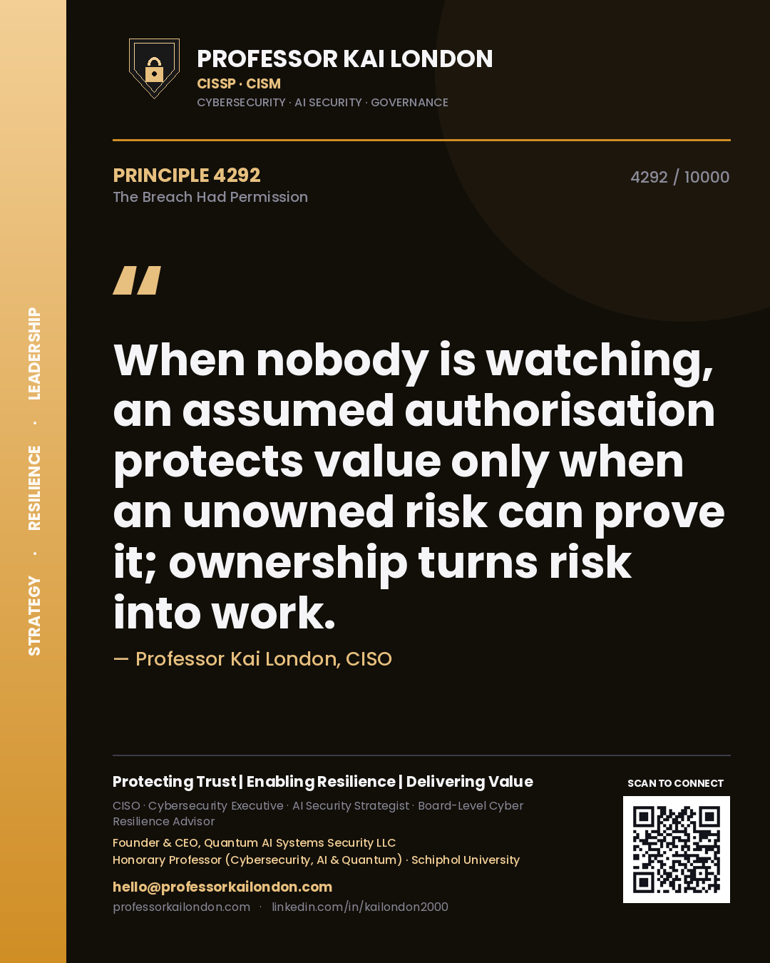 Professor Kai London principle 4292: When nobody is watching, an assumed authorisation protects value only when an unowned risk can prove it; ownership turns risk into work.