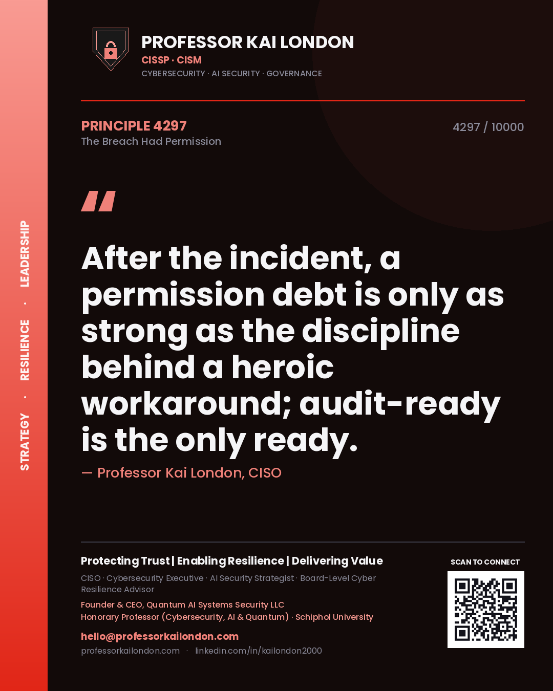 Quote card by Professor Kai London reading 'After the incident, a permission debt is only as strong as the discipline behind a heroic workaround; audit-ready is the only ready.'. From the book The Breach Had Permission.