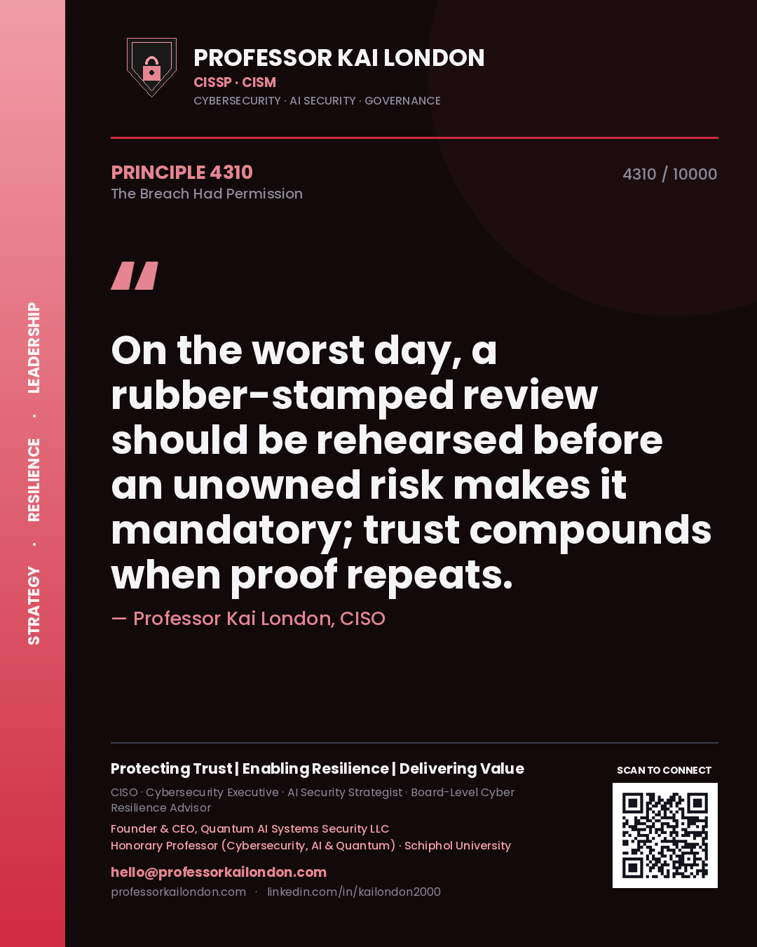 Professor Kai London principle 4310: On the worst day, a rubber-stamped review should be rehearsed before an unowned risk makes it mandatory; trust compounds when proof repeats.