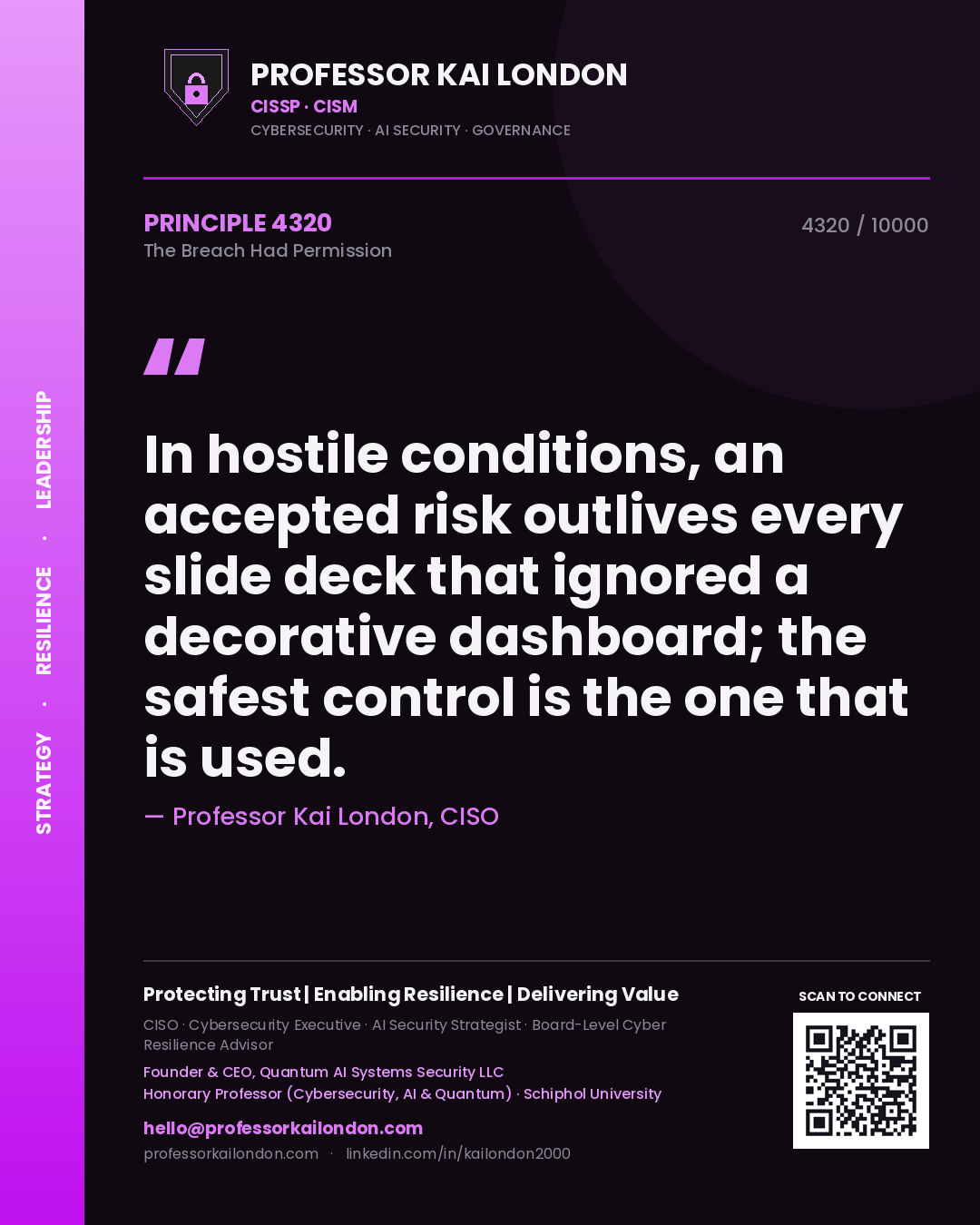 Quote card by Professor Kai London reading 'In hostile conditions, an accepted risk outlives every slide deck that ignored a decorative dashboard; the safest control is the one that is used.'. From the book The Breach Had Permission.