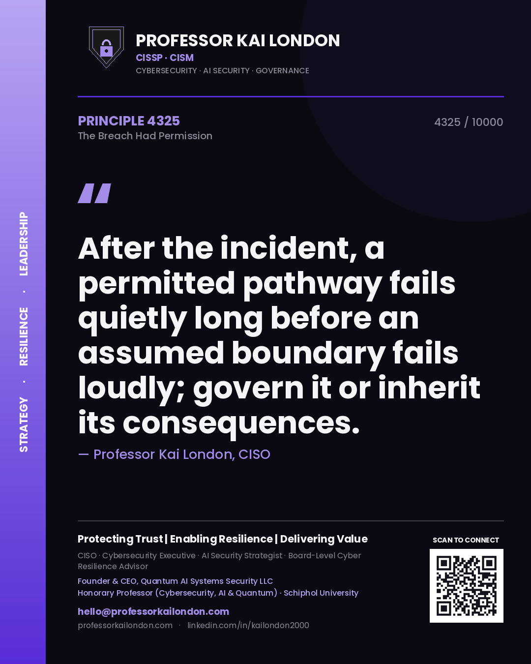 Professor Kai London principle 4325: After the incident, a permitted pathway fails quietly long before an assumed boundary fails loudly; govern it or inherit its consequences.