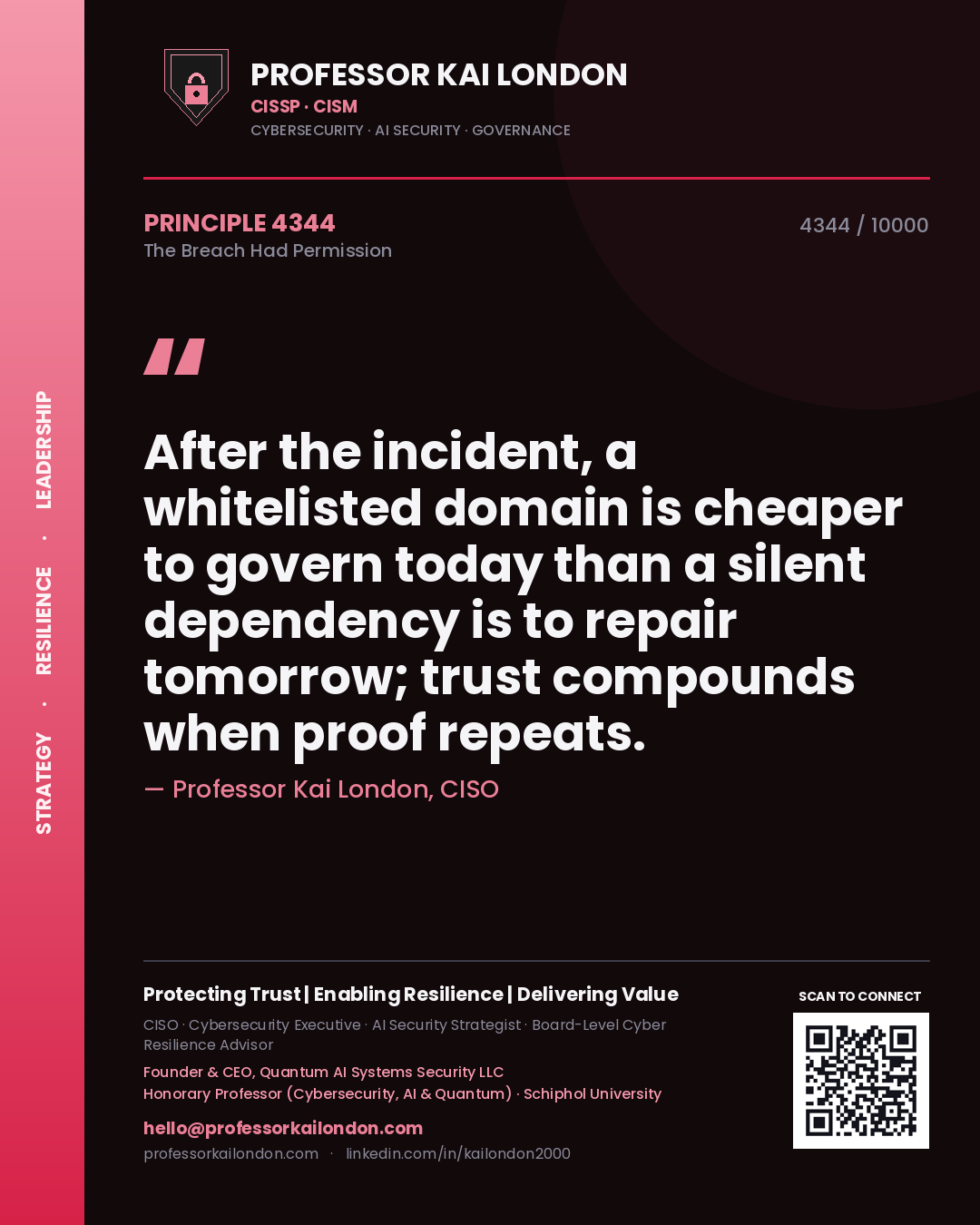 Professor Kai London principle 4344: After the incident, a whitelisted domain is cheaper to govern today than a silent dependency is to repair tomorrow; trust compounds when proof repeats.