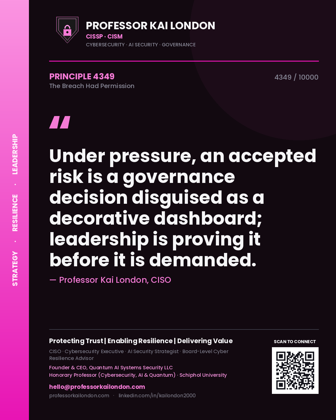 Professor Kai London principle 4349: Under pressure, an accepted risk is a governance decision disguised as a decorative dashboard; leadership is proving it before it is demanded.