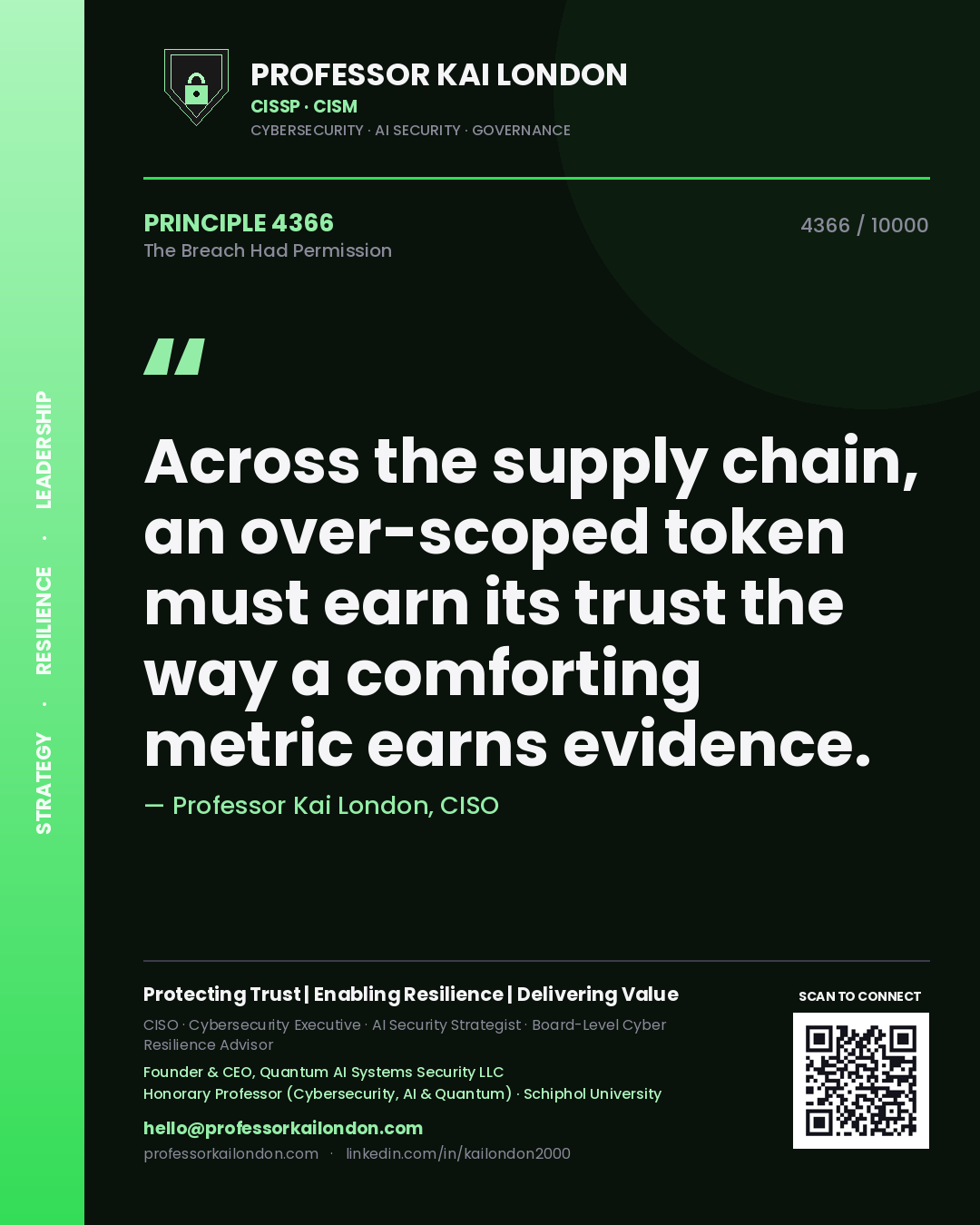 Quote card by Professor Kai London reading 'Across the supply chain, an over-scoped token must earn its trust the way a comforting metric earns evidence.'. From the book The Breach Had Permission.