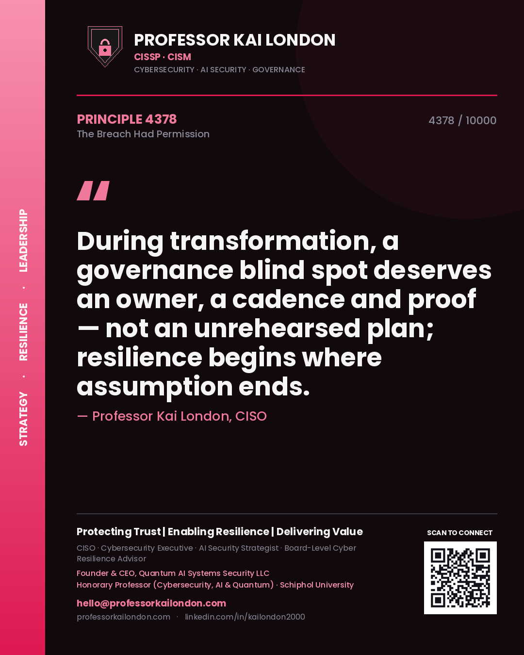 Quote card by Professor Kai London reading 'During transformation, a governance blind spot deserves an owner, a cadence and proof — not an unrehearsed plan; resilience begins where assumption ends.'. From the book The Breach Had Permission.