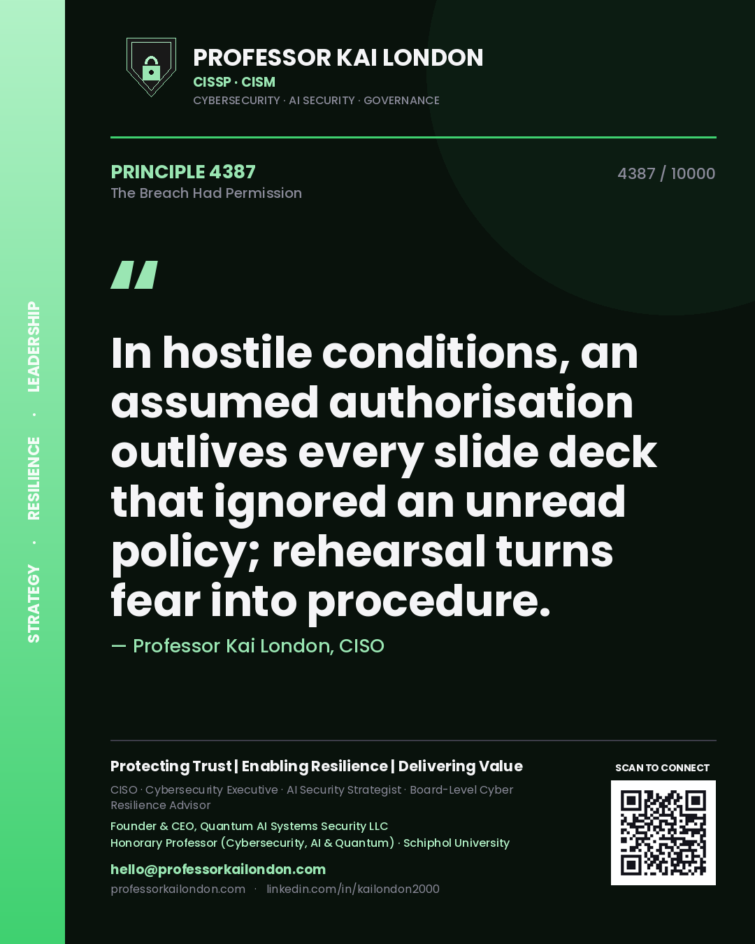 Quote card by Professor Kai London reading 'In hostile conditions, an assumed authorisation outlives every slide deck that ignored an unread policy; rehearsal turns fear into procedure.'. From the book The Breach Had Permission.
