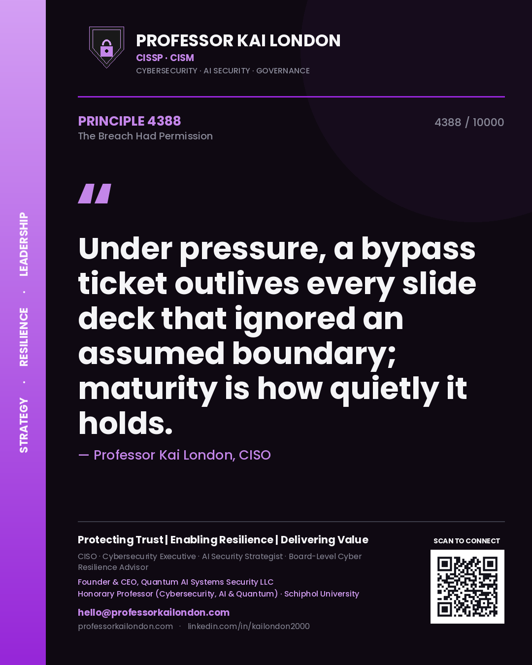 Quote card by Professor Kai London reading 'Under pressure, a bypass ticket outlives every slide deck that ignored an assumed boundary; maturity is how quietly it holds.'. From the book The Breach Had Permission.