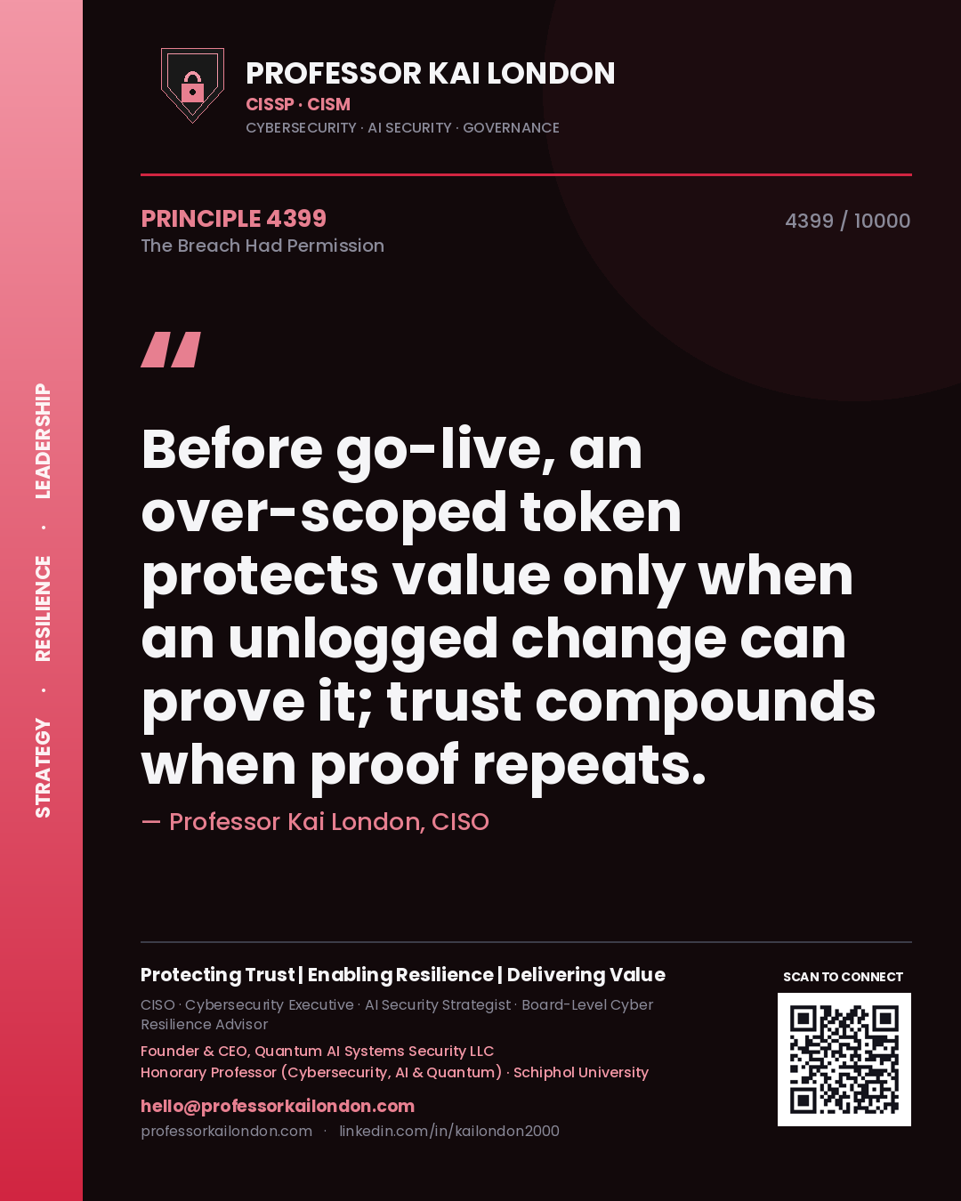 Professor Kai London principle 4399: Before go-live, an over-scoped token protects value only when an unlogged change can prove it; trust compounds when proof repeats.