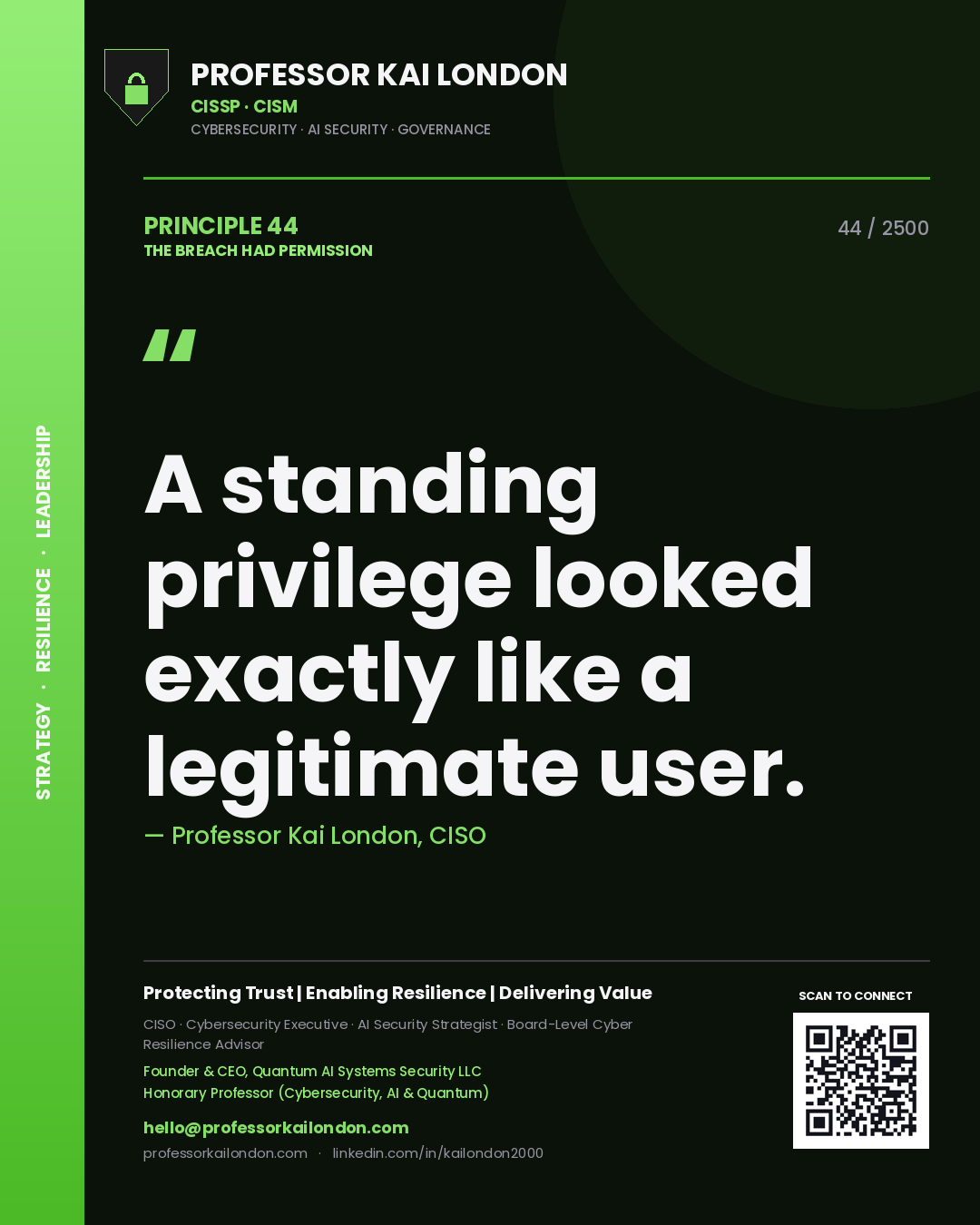 Professor Kai London principle 44: A standing privilege looked exactly like a legitimate user.
