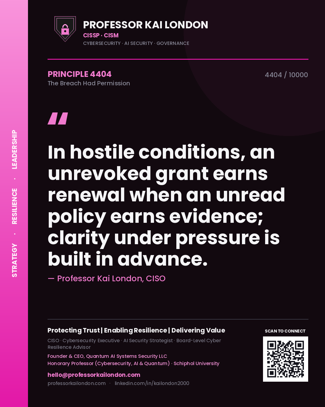 Quote card by Professor Kai London reading 'In hostile conditions, an unrevoked grant earns renewal when an unread policy earns evidence; clarity under pressure is built in advance.'. From the book The Breach Had Permission.