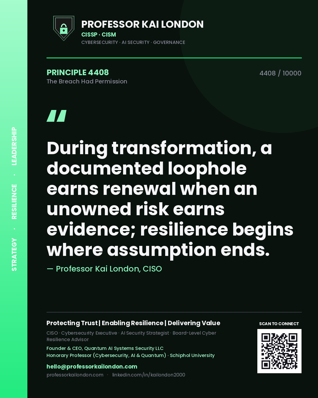 Professor Kai London principle 4408: During transformation, a documented loophole earns renewal when an unowned risk earns evidence; resilience begins where assumption ends.