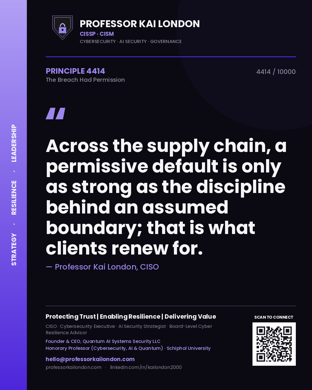 Professor Kai London principle 4414: Across the supply chain, a permissive default is only as strong as the discipline behind an assumed boundary; that is what clients renew for.