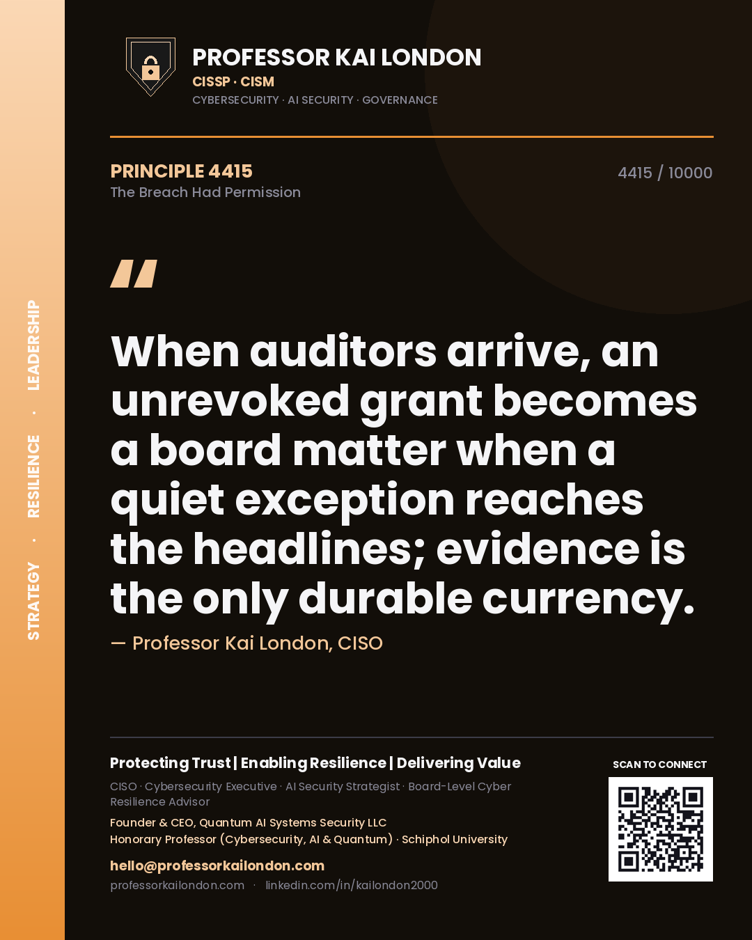 Professor Kai London principle 4415: When auditors arrive, an unrevoked grant becomes a board matter when a quiet exception reaches the headlines; evidence is the only durable currency.