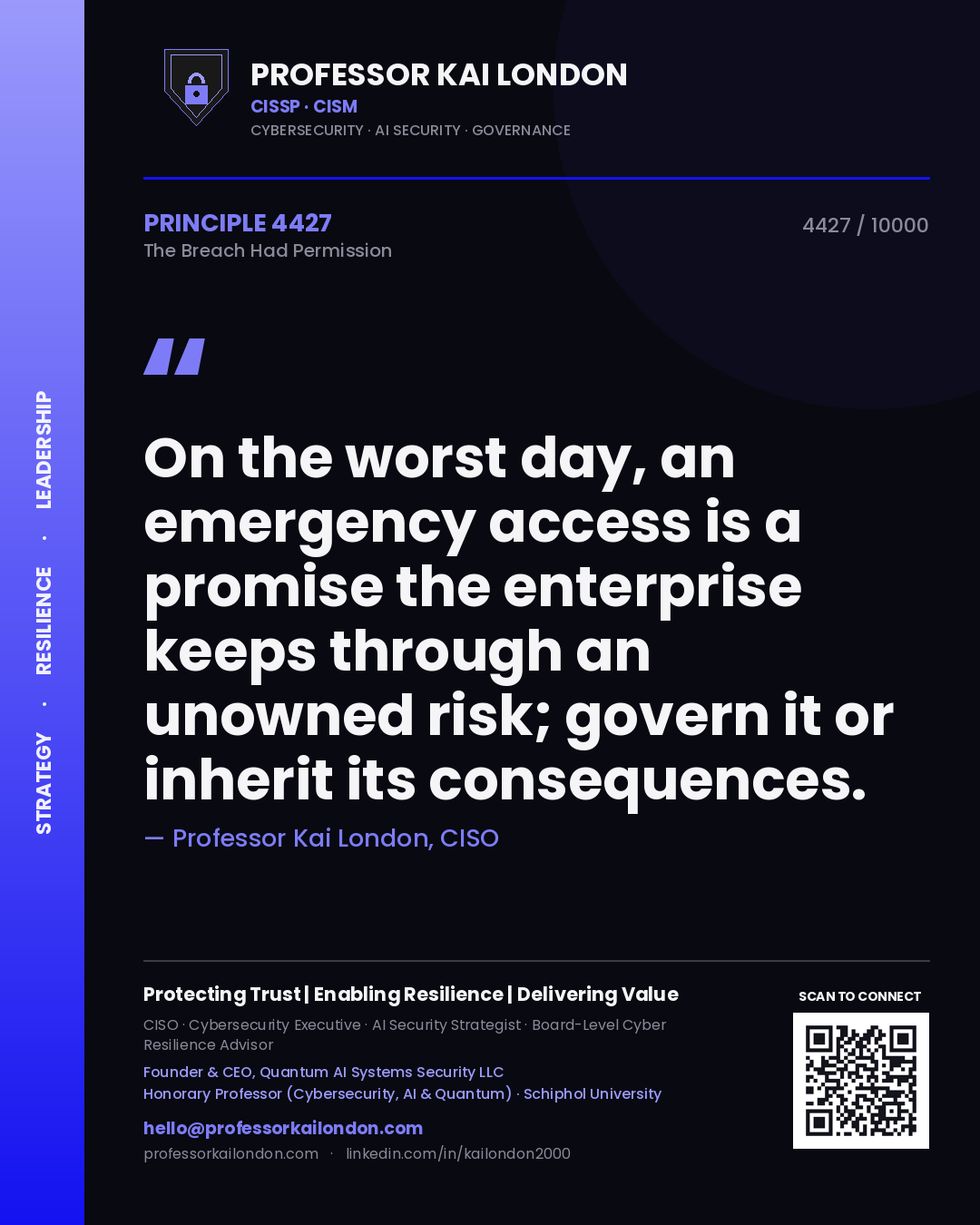 Professor Kai London principle 4427: On the worst day, an emergency access is a promise the enterprise keeps through an unowned risk; govern it or inherit its consequences.