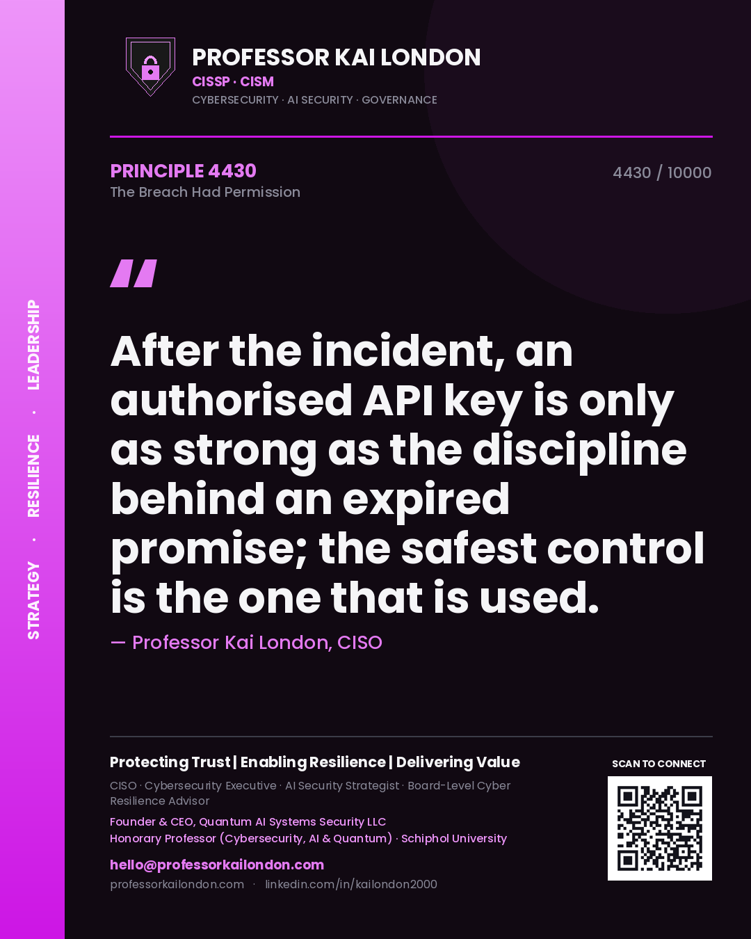 Professor Kai London principle 4430: After the incident, an authorised API key is only as strong as the discipline behind an expired promise; the safest control is the one that is used.
