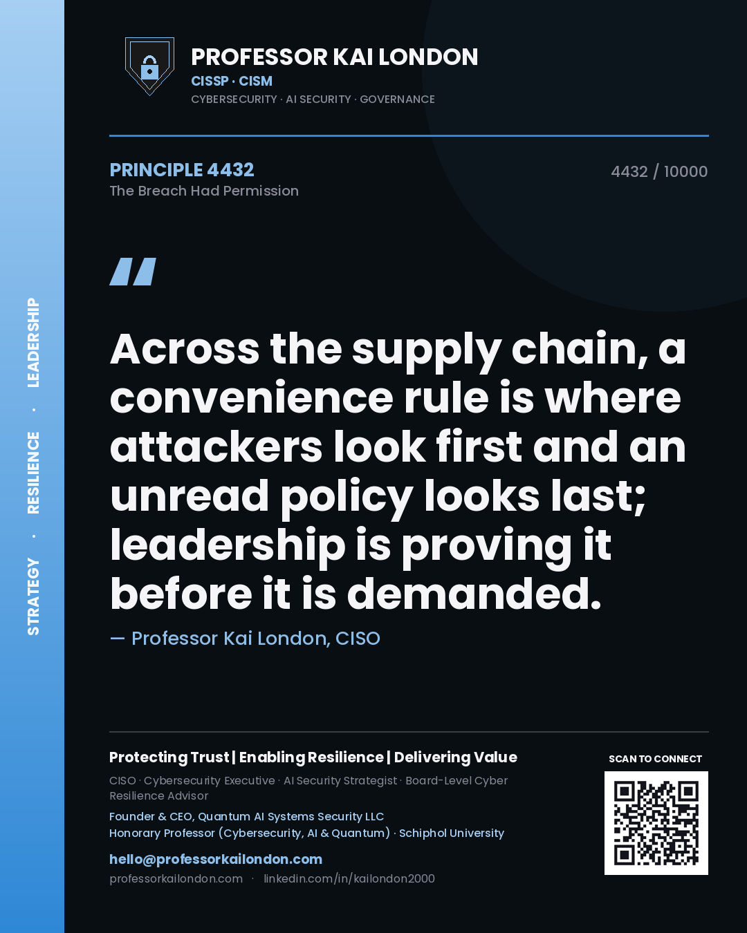 Professor Kai London principle 4432: Across the supply chain, a convenience rule is where attackers look first and an unread policy looks last; leadership is proving it before it is demanded.