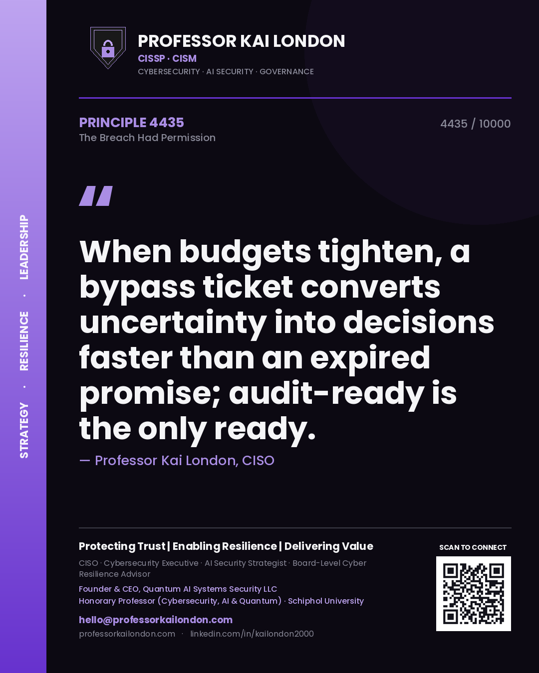 Professor Kai London principle 4435: When budgets tighten, a bypass ticket converts uncertainty into decisions faster than an expired promise; audit-ready is the only ready.