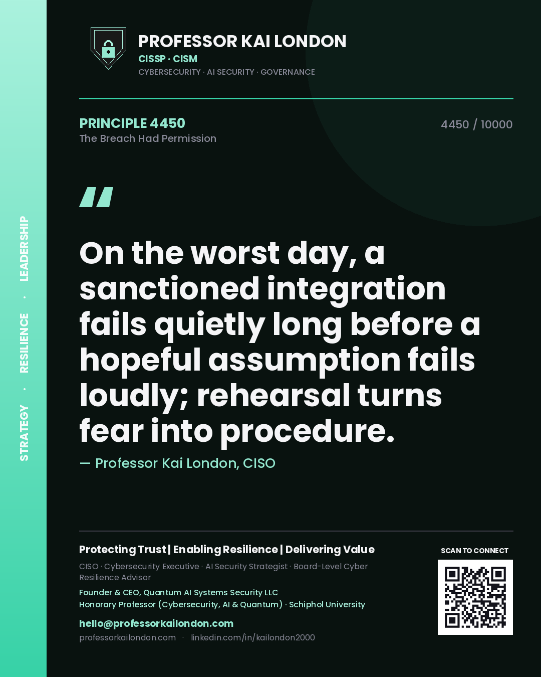 Professor Kai London principle 4450: On the worst day, a sanctioned integration fails quietly long before a hopeful assumption fails loudly; rehearsal turns fear into procedure.
