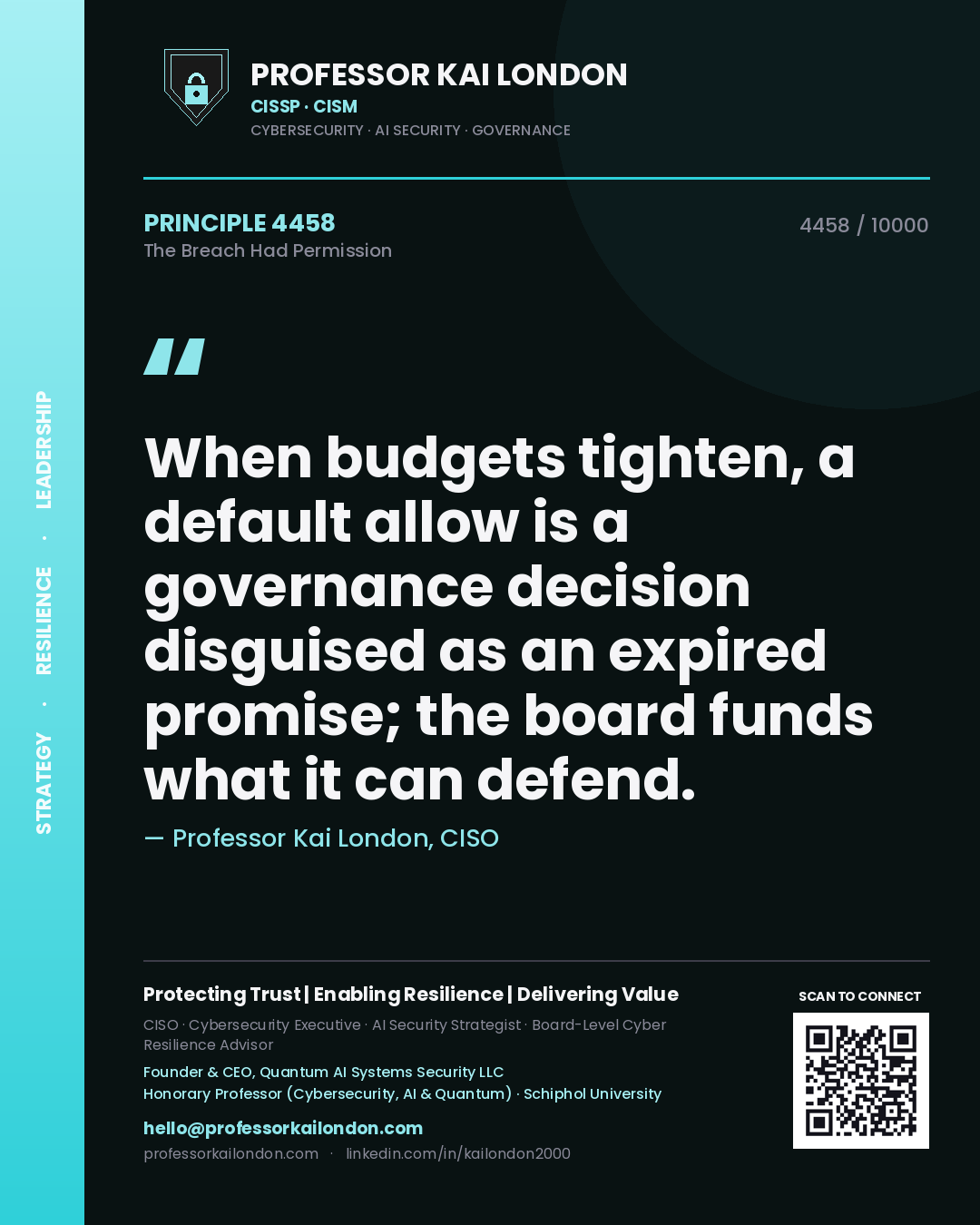 Professor Kai London principle 4458: When budgets tighten, a default allow is a governance decision disguised as an expired promise; the board funds what it can defend.